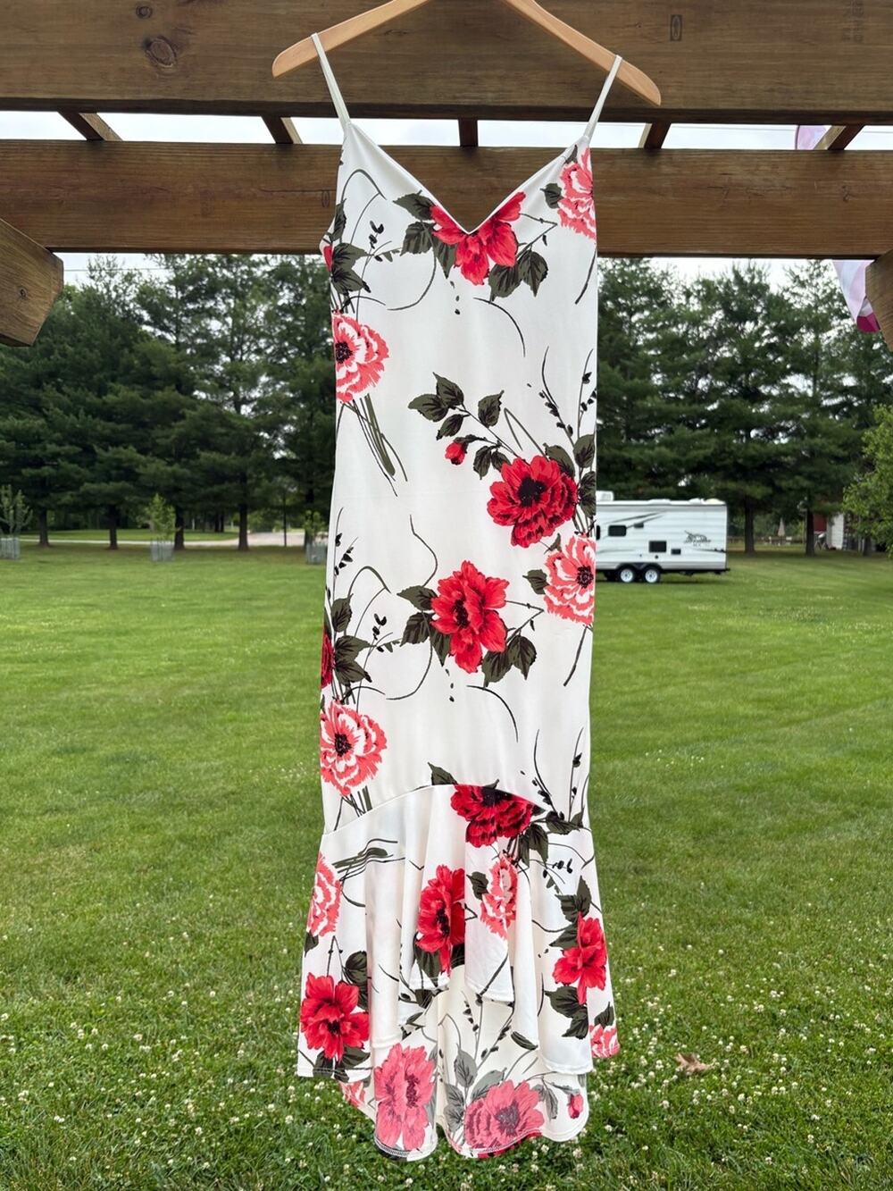 Papaya White Floral Slip Dress with Red Rose Print-size Medium